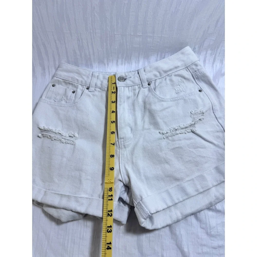 Veveret Womens White Distressed High‎ Waisted Denim Shorts Cuffed Size M